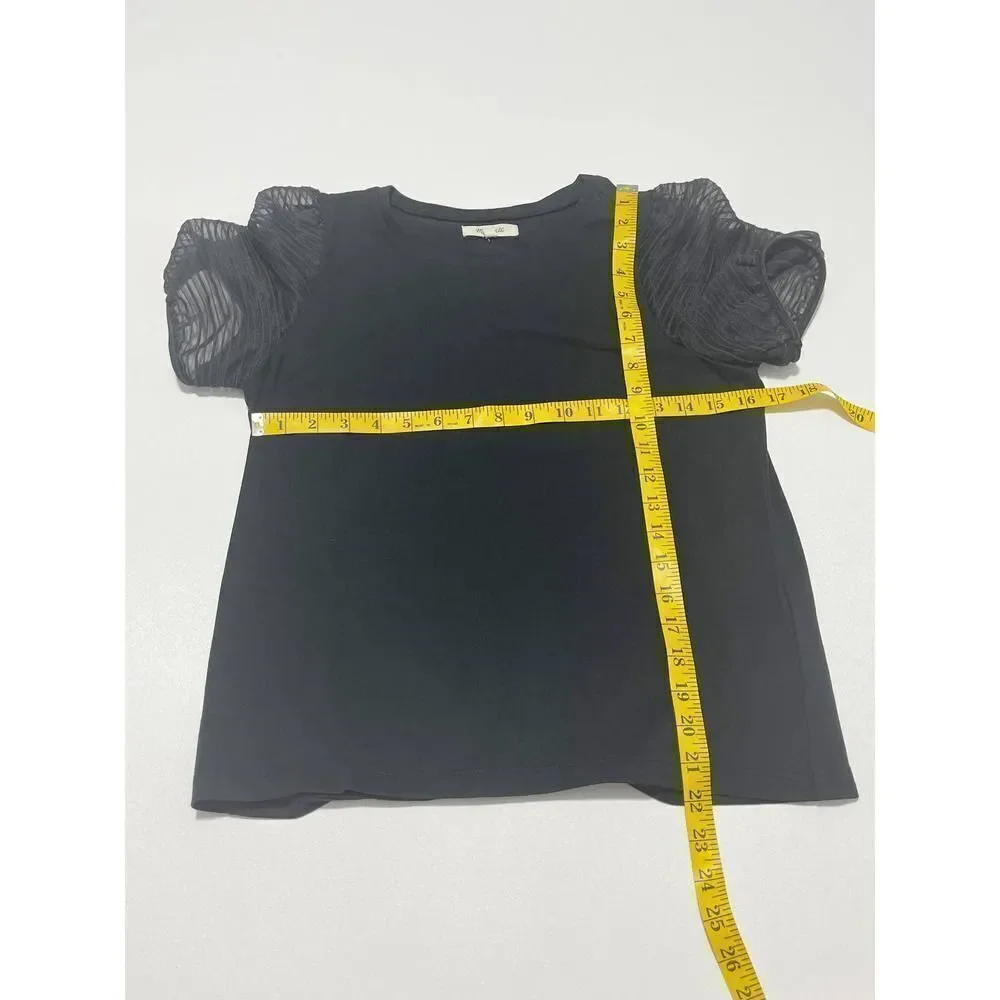 Madewell Striped Sheer Puff Sleeve Knit T-Shirt Crewneck Short Sleeve Black XS‎
